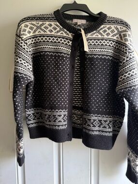 J. Crew Black and White Nordic Wool Cardigan XS new